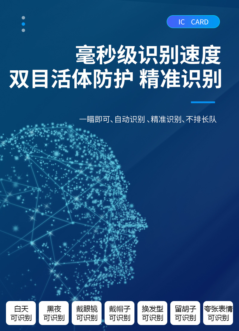 毫秒級識別速度,輕松支付,雙目活體防護,精準識別 毫秒級識別速度,輕松支付,雙目活體防護,精準識別,一瞄即可,自動識別,不排長隊,白天、黑夜、戴眼鏡、戴帽子、換發(fā)型、留胡子、夸張表情 都可識別