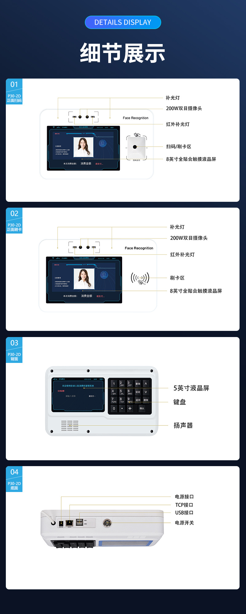 細節(jié)展示 正面、背面、底面 細節(jié)展示,正面、背面、底面,補光燈,200W雙目攝像頭,紅外補光燈,掃碼/刷卡區(qū),8英寸全貼合觸控液晶屏,5英寸液晶屏,鍵盤,揚聲器,電源接口,TCP接口,USB接口,電源開關