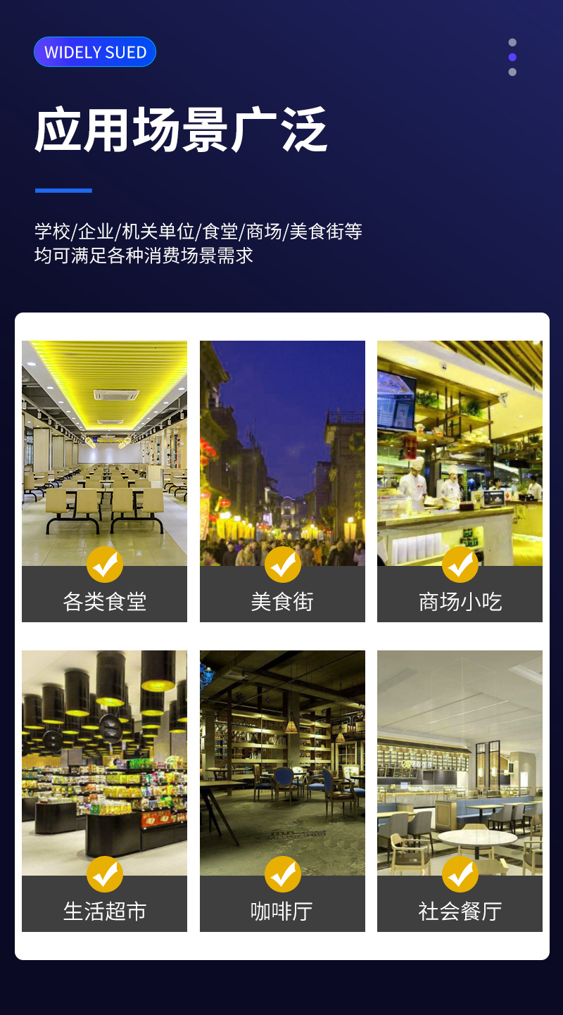 適用多種消費場景，食堂、美食街、商場、超市、餐廳